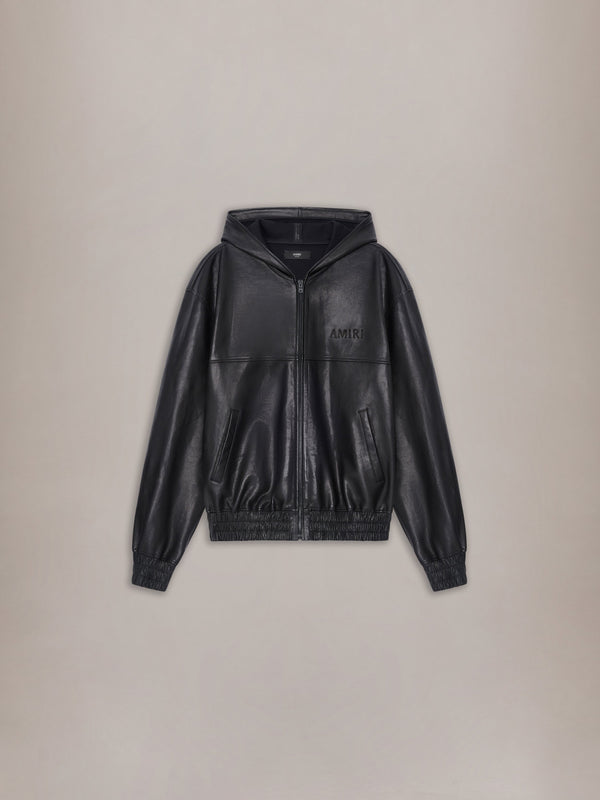 LEATHER OVERSIZED ZIP HOODIE - Black