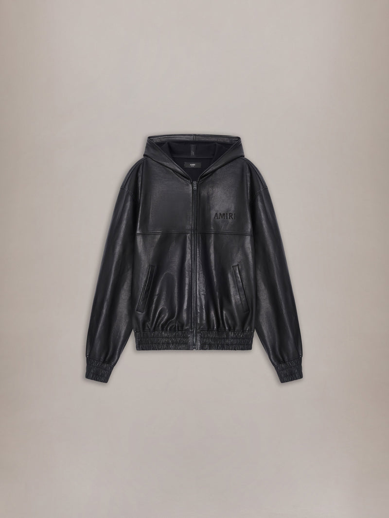 LEATHER OVERSIZED ZIP HOODIE - Black